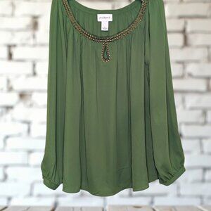 Peck & Peck embellished long sleeve blouse for women Green Gold size XL EUC
